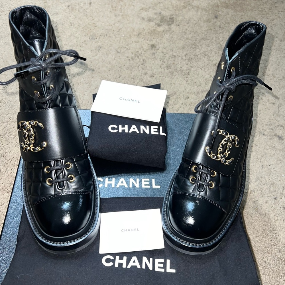 Chanel Lace Up Calfskin & Shiny Calfskin Leather Boots - Picture 8 of 16
